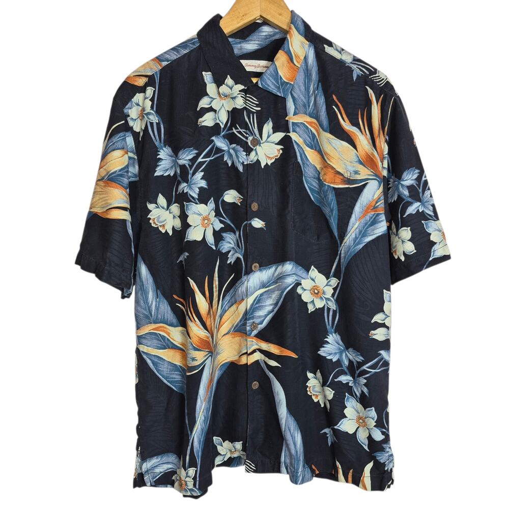 Tommy Bahama 100% Silk Loud Floral Hawaiian Shirt Relaxed Fit Blue/ Multi Large